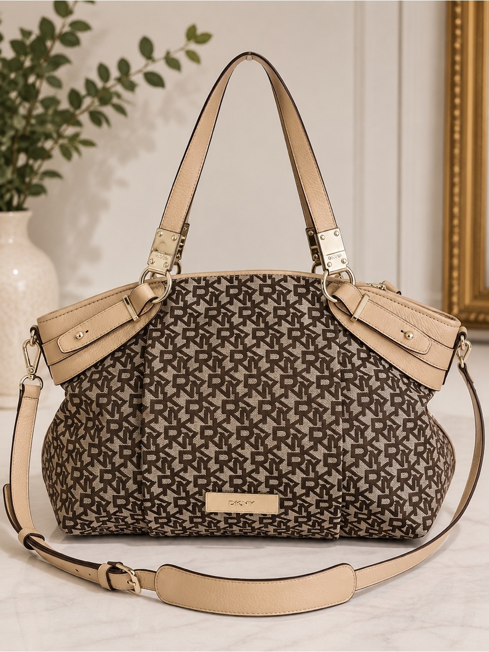 DKNY Vintage Brown Logo Jacquard Leather Trim Large Convertible Satchel crossbod